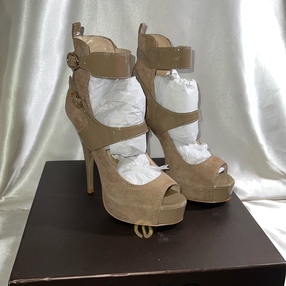 BEBE Tan Open Toe Booties in Size 6